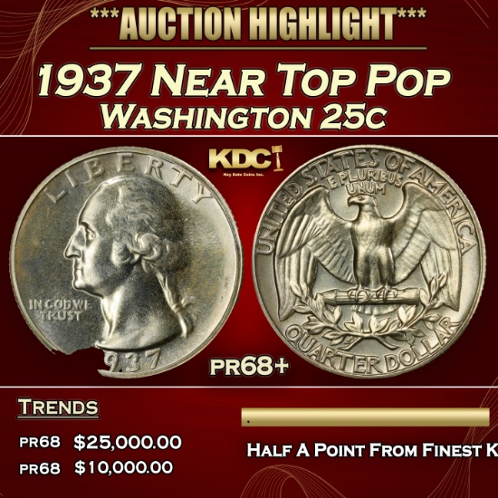 1937 Proof Washington Quarter Near Top Pop 25c pr68+ SEGS