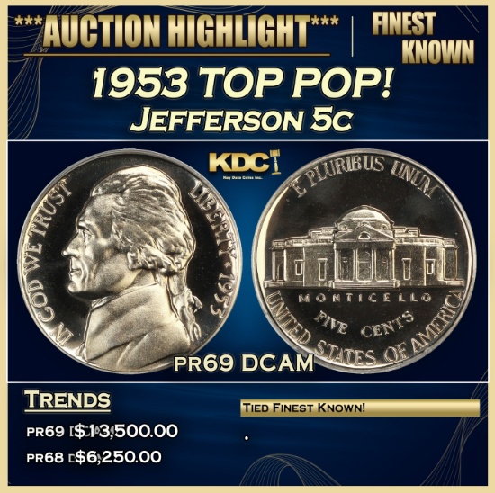1953 Proof Jefferson Nickel TOP POP! 5c pr69 DCAM SEGS