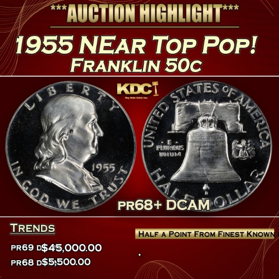 1955 Proof Franklin Half Dollar NEar Top Pop! 50c pr68+ DCAM SEGS