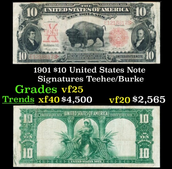 1901 $10 United States Note Grades vf+ Signatures Teehee/Burke