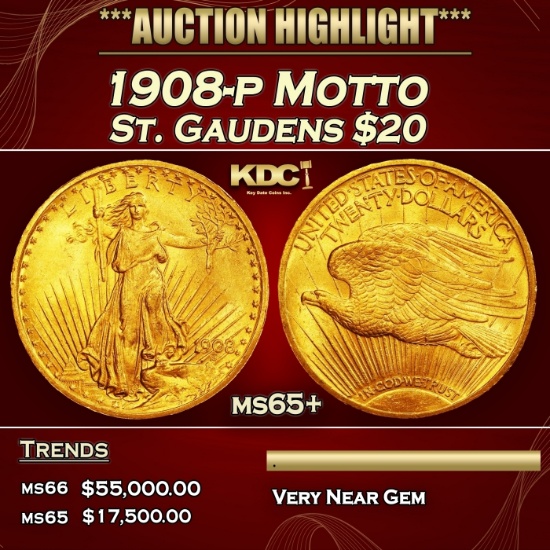 1908-p Motto Gold St. Gaudens Double Eagle $20 ms65+ SEGS
