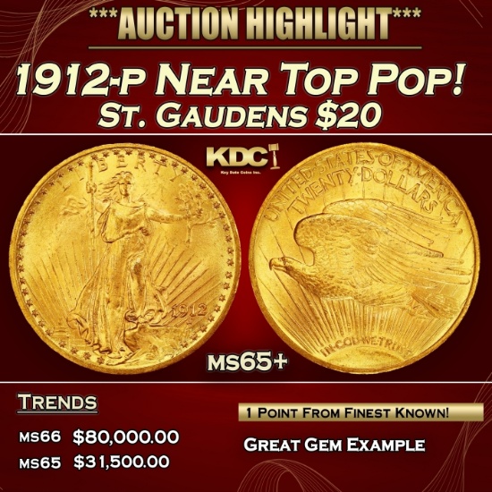 1912-p Gold St. Gaudens Double Eagle Near Top Pop! $20 ms65+ SEGS