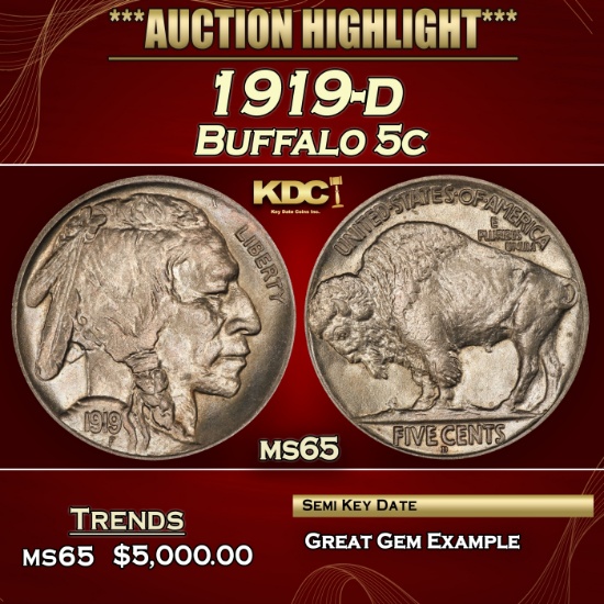 1919-d Buffalo Nickel 5c ms65 SEGS