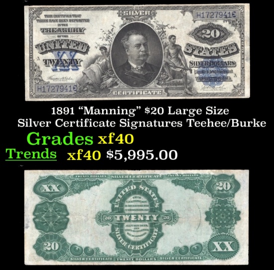 1891 $20 Large Silze Silver Certificate "Manning" Grades xf Signatures Teehee/Burke