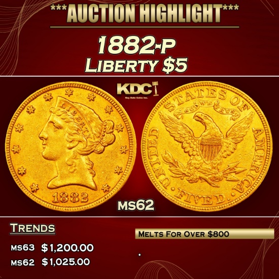 1882-p Gold Liberty Half Eagle $5 ms62 USCG