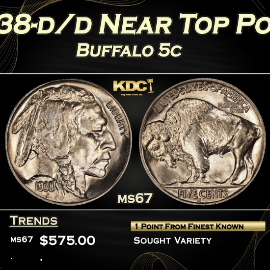 1938-d/d Buffalo Nickel Near Top Pop 5c ms67 SEGS
