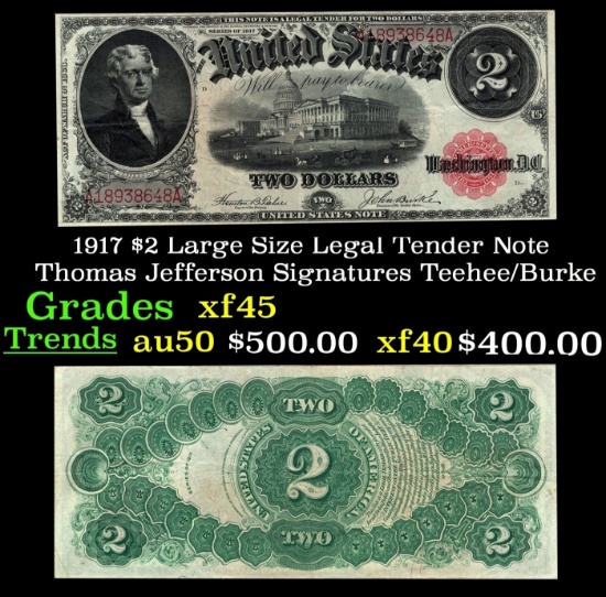 1917 $2 Large Size Legal Tender Note Thomas Jefferson Grades xf+ Signatures Teehee/Burke