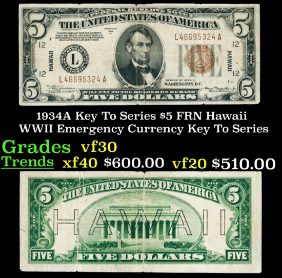 1934A $5 FRN Hawaii WWII Emergency Currency Key To Series Key To Series Grades vf++