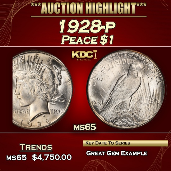 1928-p Peace Dollar $1 ms65 SEGS