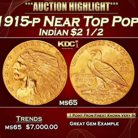 1915-p Gold Indian Quarter Eagle Near Top Pop! $2 1/2 ms65 SEGS
