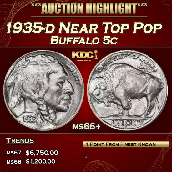 1935-d Buffalo Nickel Near Top Pop 5c ms66+ SEGS