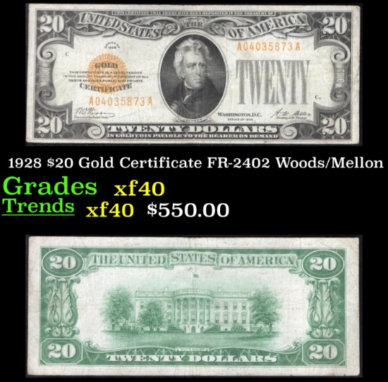 1928 $20 Gold Certificate FR-2402 Woods/Mellon Grades xf