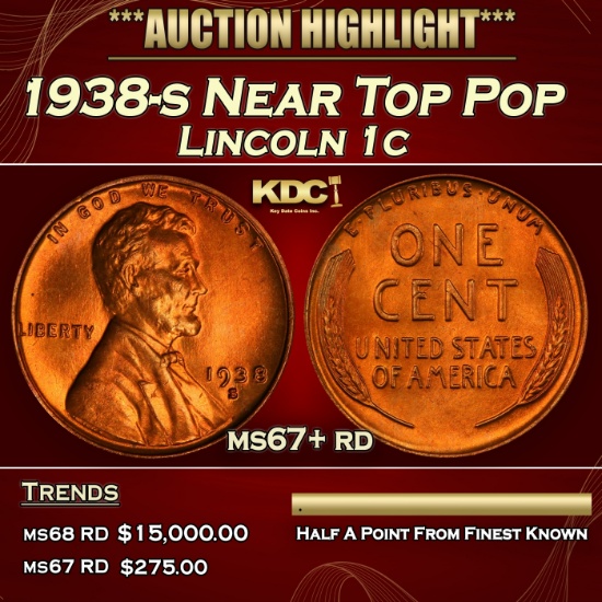 1938-s Lincoln Cent Near Top Pop 1c ms67+ rd SEGS