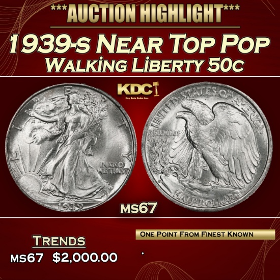 1939-s Walking Liberty Half Dollar Near Top Pop 50c ms67 SEGS