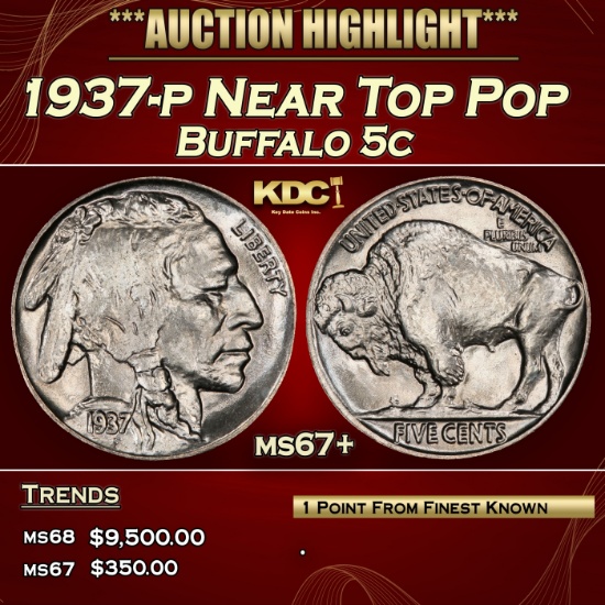 1937-p Buffalo Nickel Near Top Pop 5c ms67+ SEGS