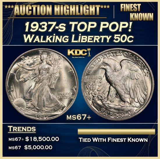 1937-s Walking Liberty Half Dollar TOP POP! 50c ms67+ SEGS