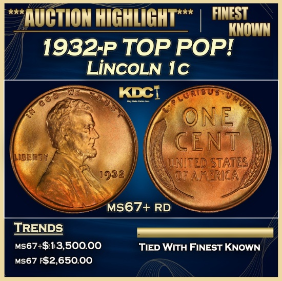 1932-p Lincoln Cent TOP POP! 1c ms67+ rd SEGS