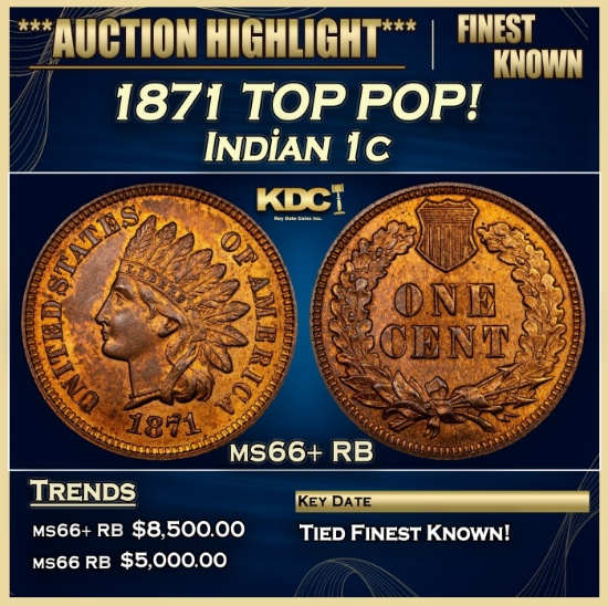 1871 Indian Cent TOP POP! 1c ms66+ RB SEGS