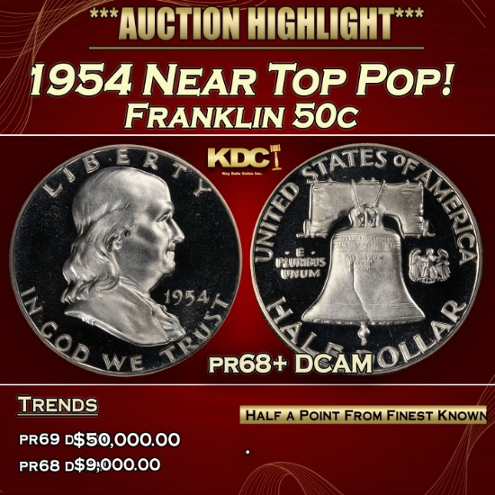 1954 Proof Franklin Half Dollar Near Top Pop! 50c pr68+ DCAM SEGS