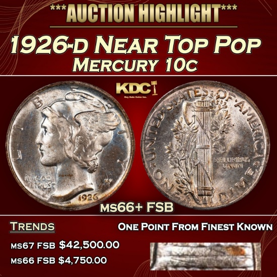 1926-d Mercury Dime Near Top Pop 10c ms66+ FSB SEGS