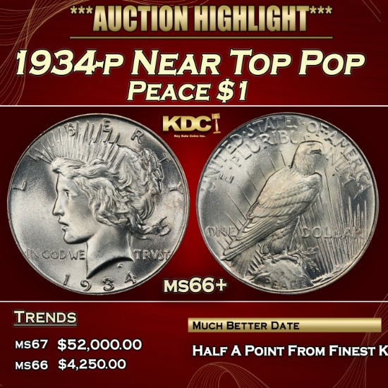 1934-p Peace Dollar Near Top Pop $1 ms66+ SEGS