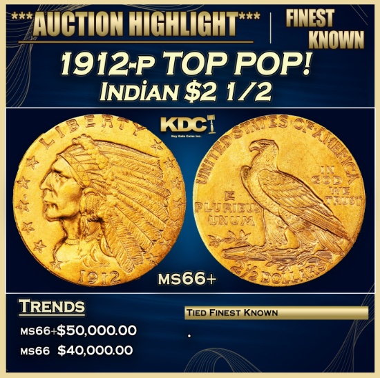 1912-p Gold Indian Quarter Eagle TOP POP! $2 1/2 ms66+ USCG