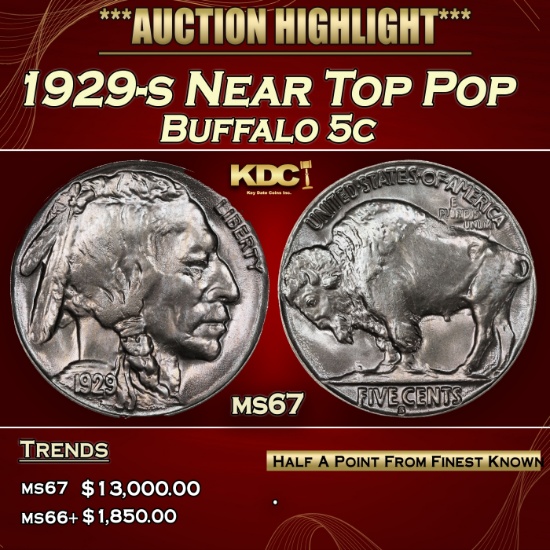 1929-s Buffalo Nickel Near Top Pop 5c ms67 SEGS