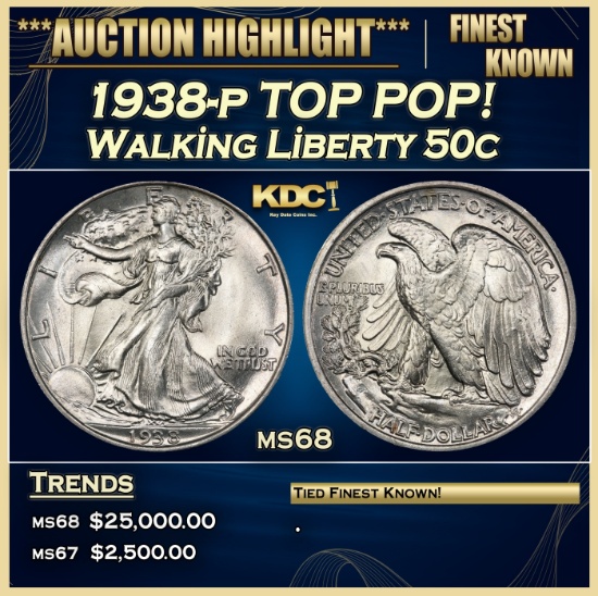 1938-p Walking Liberty Half Dollar TOP POP! 50c ms68 SEGS