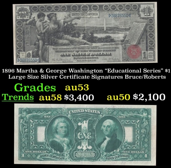 1896 $1 large size Silver Certificate Martha & George Washington "Educational Series" Grades Select