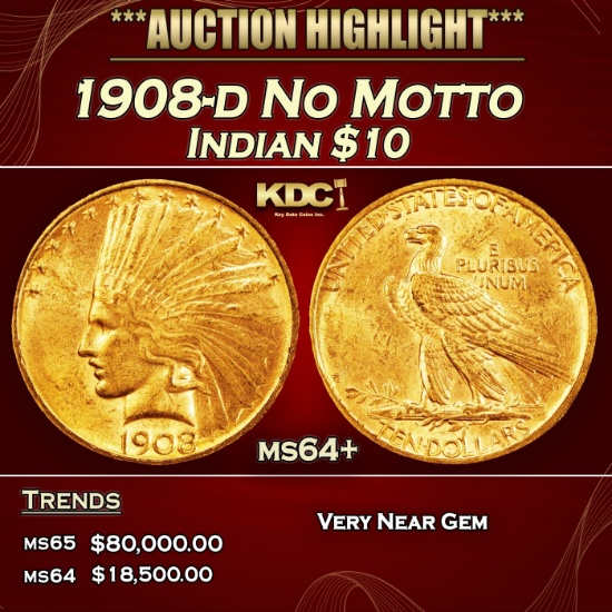 1908-d No Motto Gold Indian Eagle $10 ms64+ SEGS