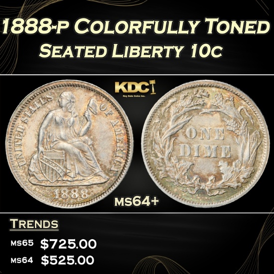 1888-p Seated Liberty Dime Colorfully Toned 10c Grades ms64+