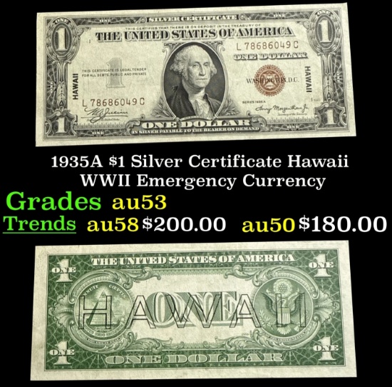 1935A $1 Silver Certificate Hawaii WWII Emergency Currency Grades Select AU