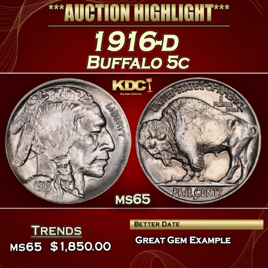 1916-d Buffalo Nickel 5c ms65 SEGS
