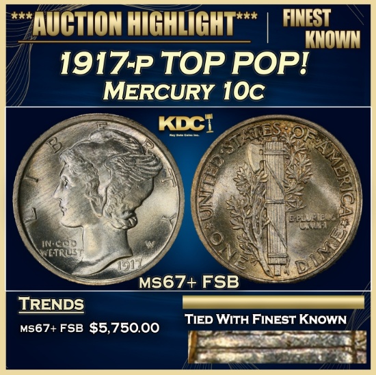 1917-p Mercury Dime TOP POP! 10c ms67+ FSB SEGS