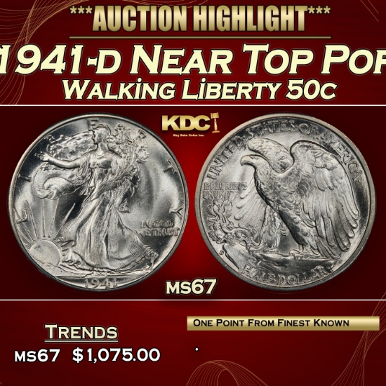 1941-d Walking Liberty Half Dollar Near Top Pop 50c ms67 SEGS