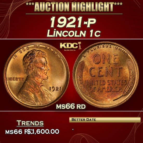 1921-p Lincoln Cent 1c ms66 rd SEGS