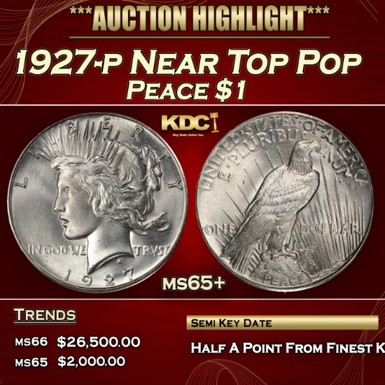 1927-p Peace Dollar Near Top Pop $1 ms65+ SEGS