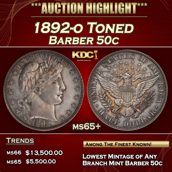 1892-o Barber Half Dollars Toned 50c ms65+ SEGS