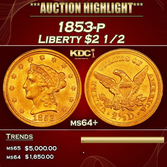 1853-p Gold Liberty Quarter Eagle $2 1/2 ms64+ SEGS