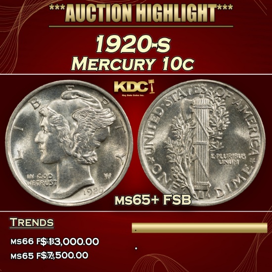1920-s Mercury Dime 10c ms65+ FSB SEGS