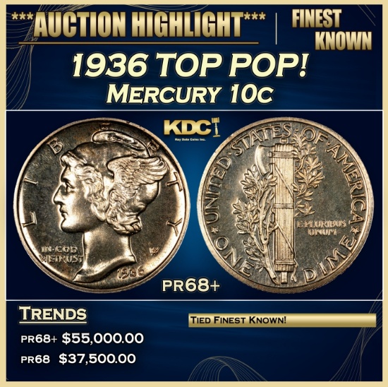 1936 Proof Mercury Dime TOP POP! 10c pr68+ SEGS