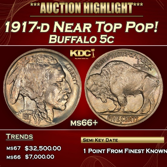 1917-d Buffalo Nickel Near Top Pop! 5c ms66+ SEGS