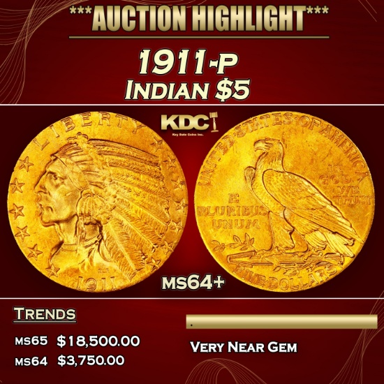 1911-p Gold Indian Half Eagle $5 ms64+ USCG