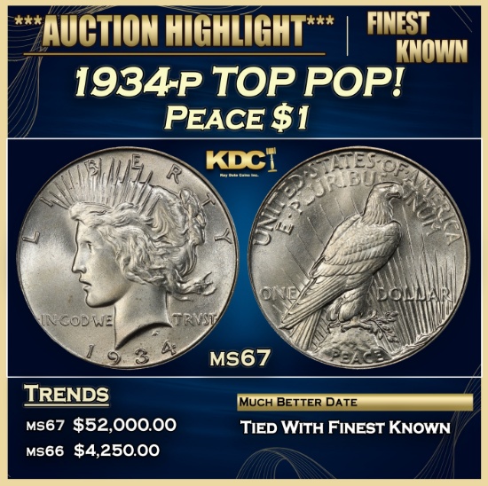 1934-p Peace Dollar TOP POP! $1 ms67 SEGS