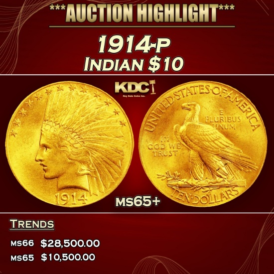 1914-p Gold Indian Eagle $10 ms65+ SEGS