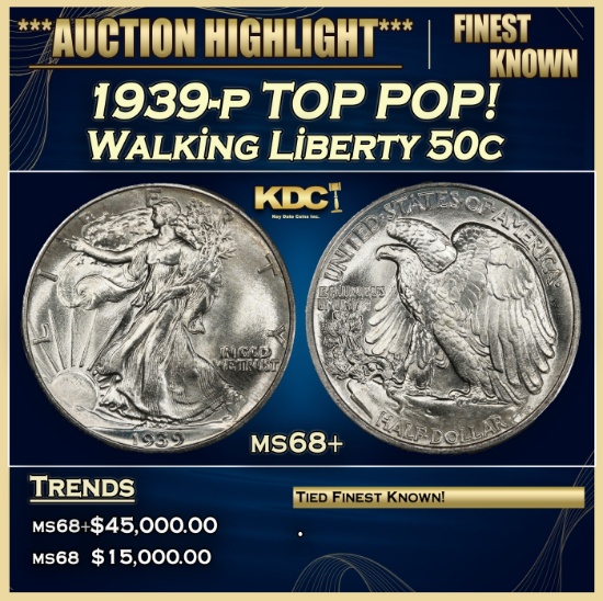 1939-p Walking Liberty Half Dollar TOP POP! 50c ms68+ SEGS