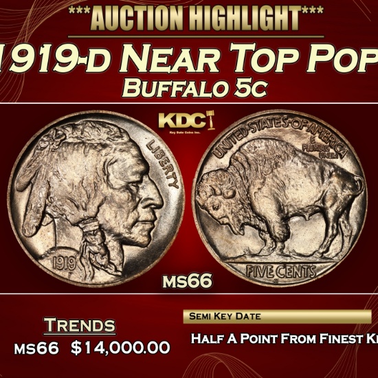 1919-d Buffalo Nickel Near Top Pop! 5c ms66 SEGS