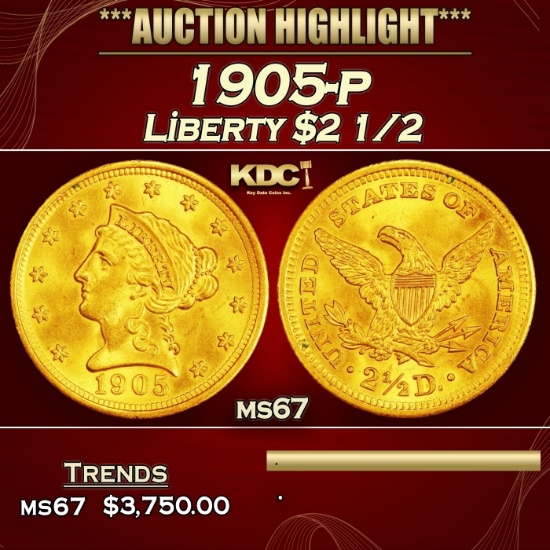 1905-p Gold Liberty Quarter Eagle $2 1/2 ms67 SEGS