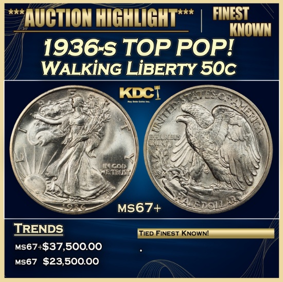1936-s Walking Liberty Half Dollar TOP POP! 50c ms67+ SEGS