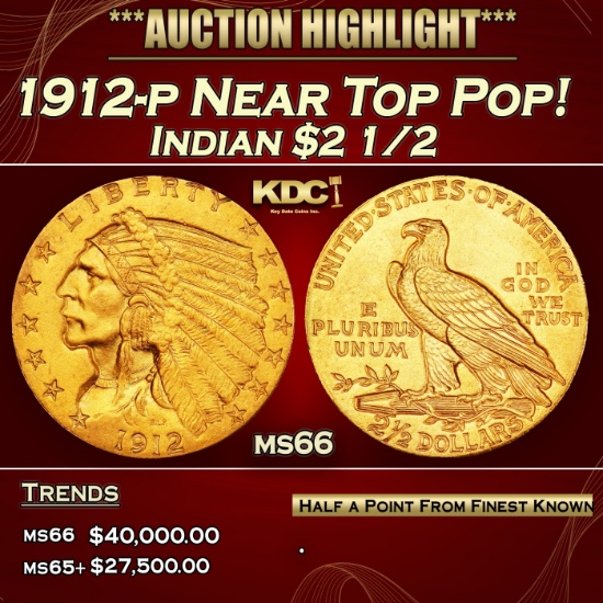 1912-p Gold Indian Quarter Eagle Near Top Pop! $2 1/2 ms66 USCG